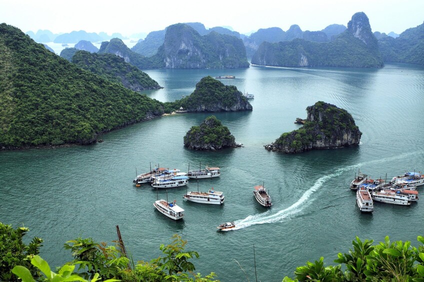 Aerial view of boats and islands in Halong Bay