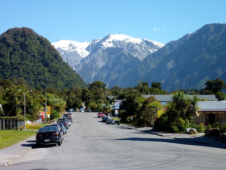 Franz Josef Township with Mount Cook in the background