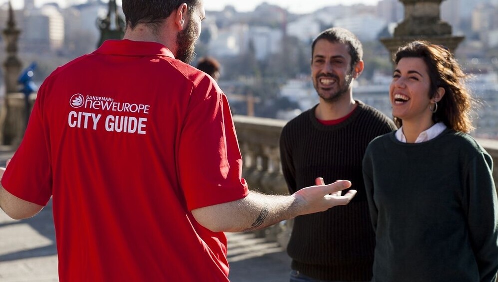 Tour group and guide having fun exploring Porto 