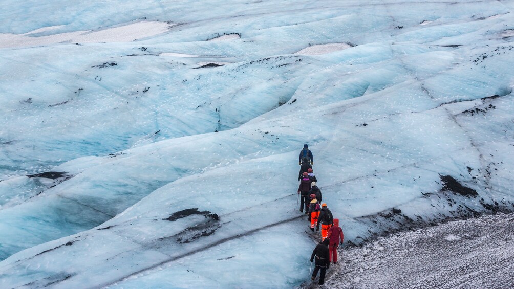 Aerial view of hikers on Solheimajokull Glacier