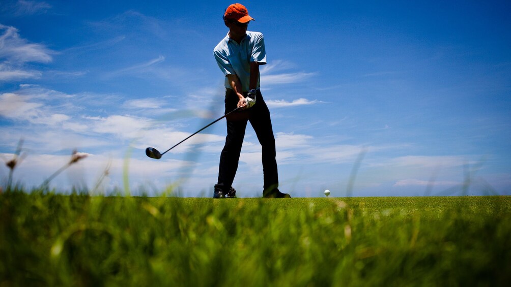 View from ground of man playing golf on a sunny day
