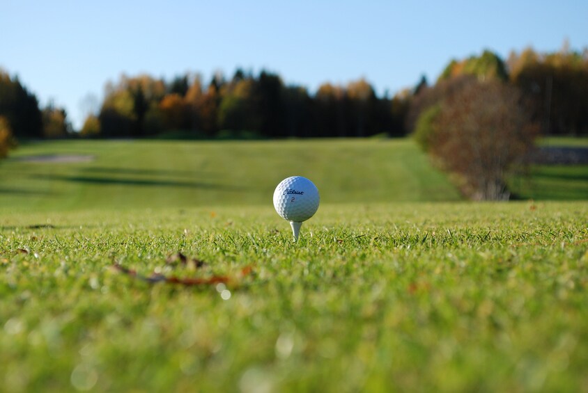 Closeup of golf ball on tee