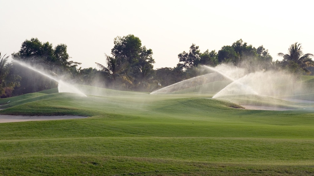 Golf course grass being watered 