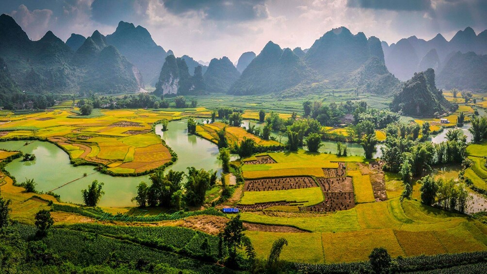 Aerial view of mountains and farmland of Vietnam