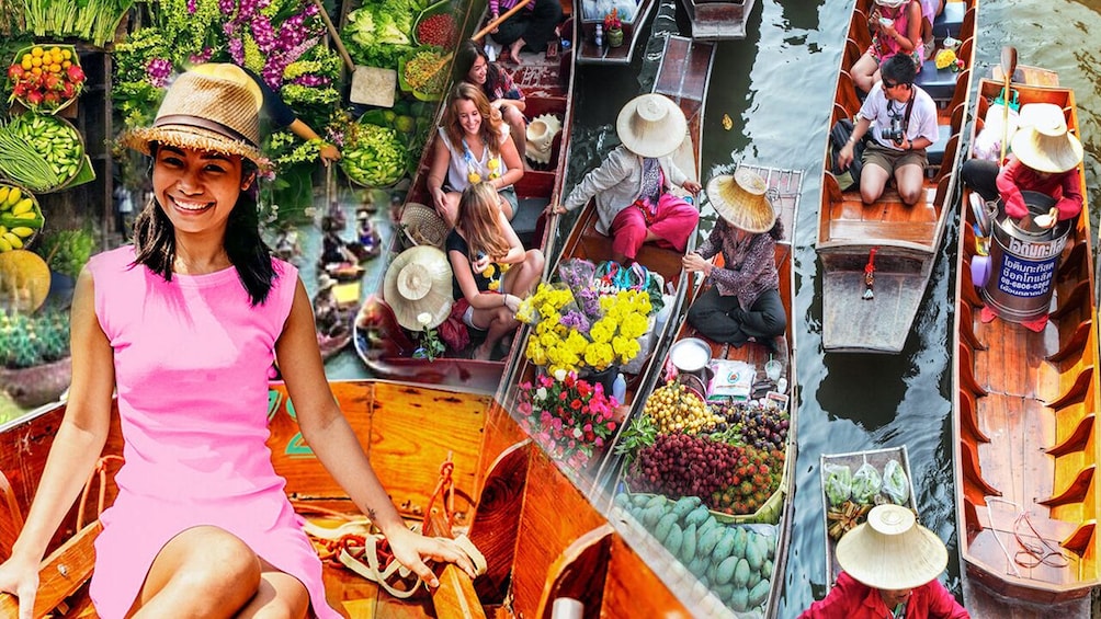 Collage of tourists and vendors on boats in Damnoen Saduak Floating Market