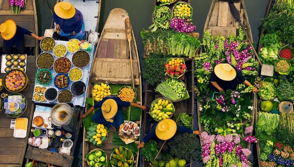 Aerial view of produce boats in Damnoen Saduak Floating Market