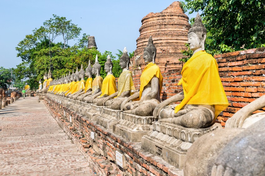 Row of Buddha statue sitting at Wat Yai Chaimongkol Temple 