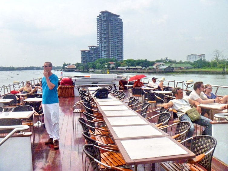 Seating area aboard the Chaophraya dinner cruise 