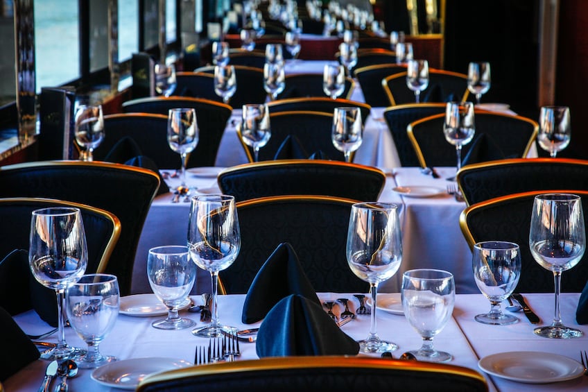 Set dining tables on cruise ship in Clearwater, Florida