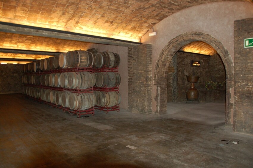 Barrels of Prosecco in winery cellar in Italy