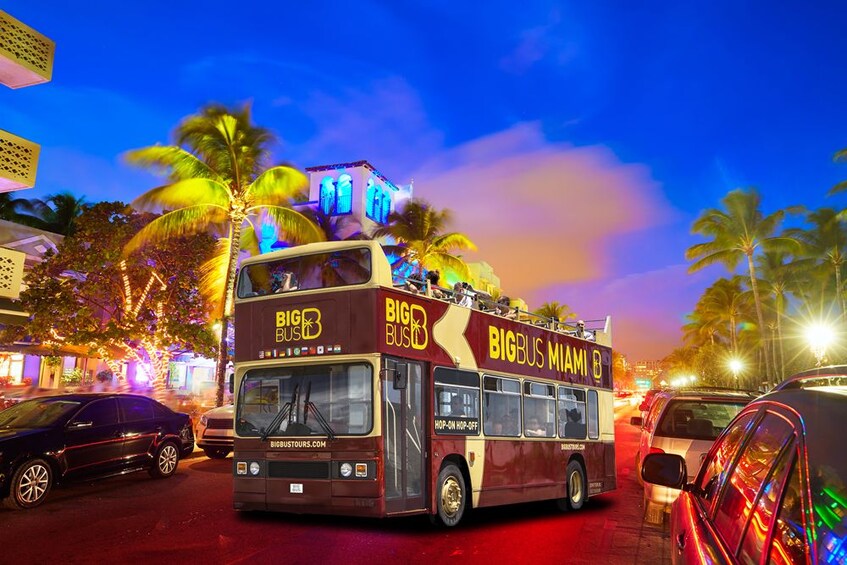 Double decker bus in Miami at night