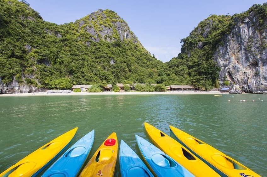 Line of kayaks in water near Cat Ba Island