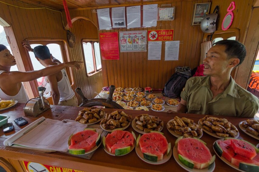 Snacks prepared on boat near Cat Ba Island