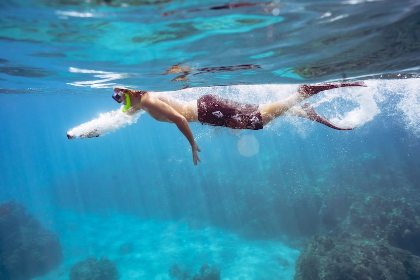 Man snorkels just below the water in the reefs of Lana'i