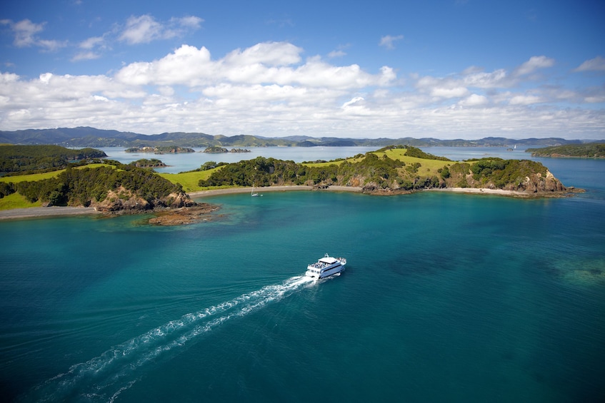 Boat approaches coast of New Zealand