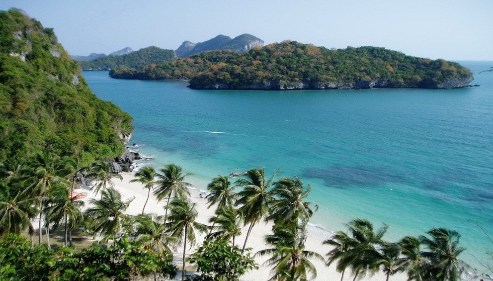Palm trees, beach and water in the Gulf of Thailand