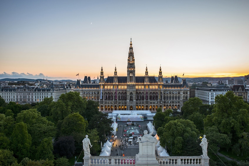 Panoramic view of City Hall Park in Vienna at sunset