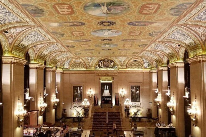 Lobby of the historic Palmer House Hilton hotel.