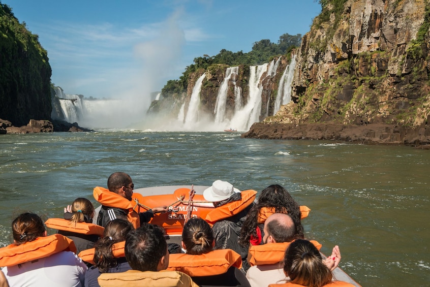 Group on a floating boat at Iguassu National Park