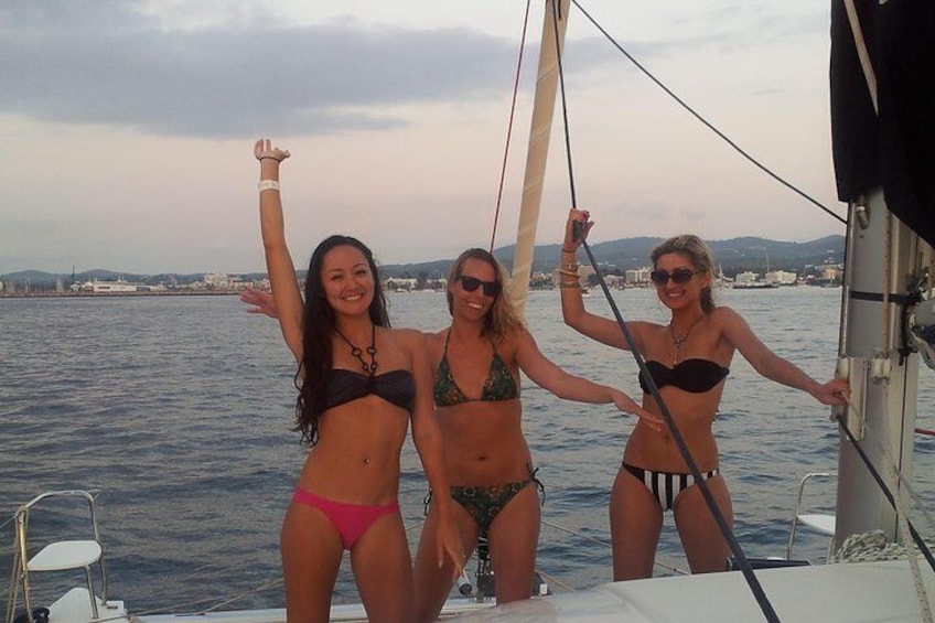 Friends partying on our catamaran