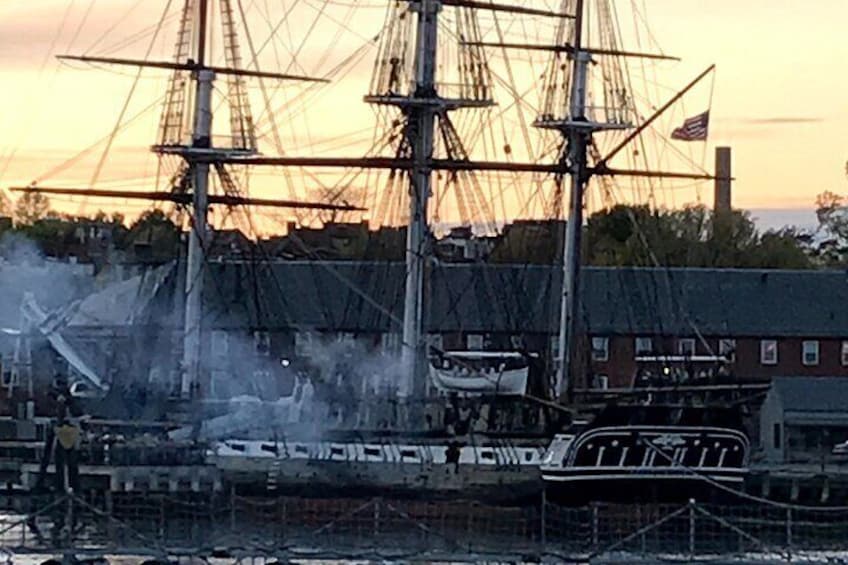 USS Constitution canon at sunset