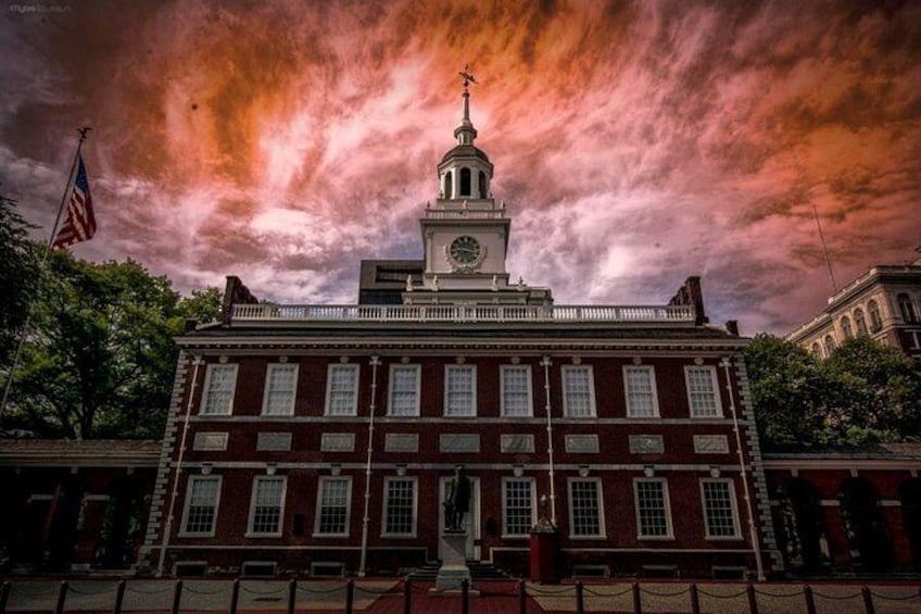 Independance Hall, where the Constitution of The United States was signed as seen by Night on a Dark Philly Adult Night Tour