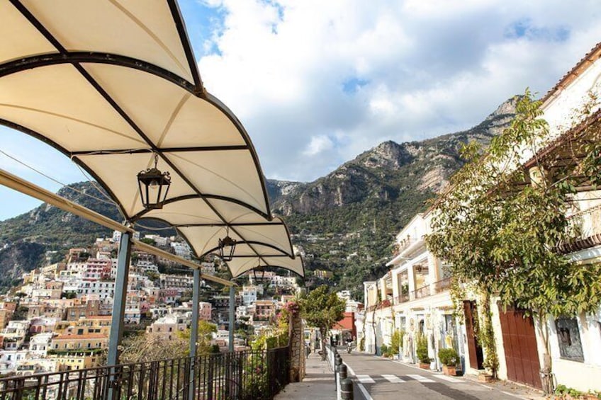 The small streets of Positano are lined with shops and restaurants.
