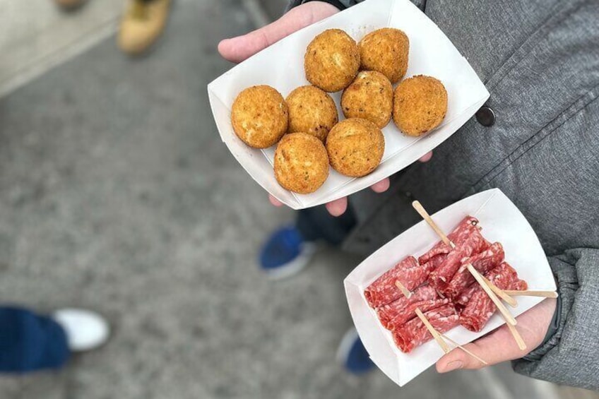 Arancini and soppressata from Faicco's Italian deli is a work of art. Art you can eat!