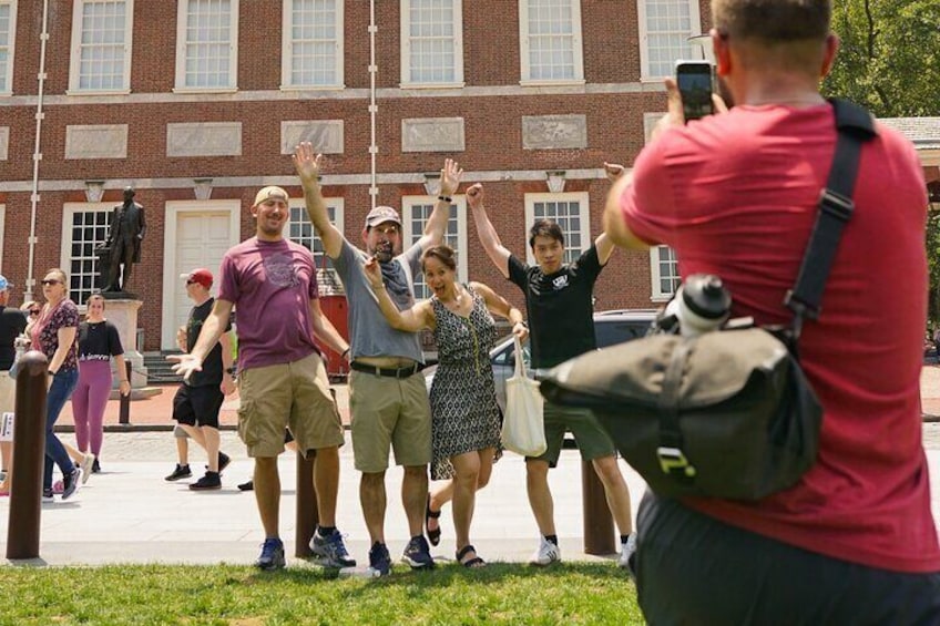 Posing for photos outside of Independence Hall