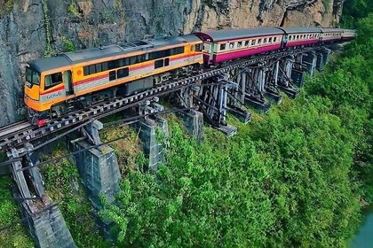 Train trip death railway Bridge on river Kwai from Bangkok to Kanchanaburi ...