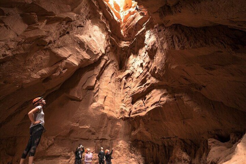 Guests watch as a rappeler enters the Chamber of the Basilisk