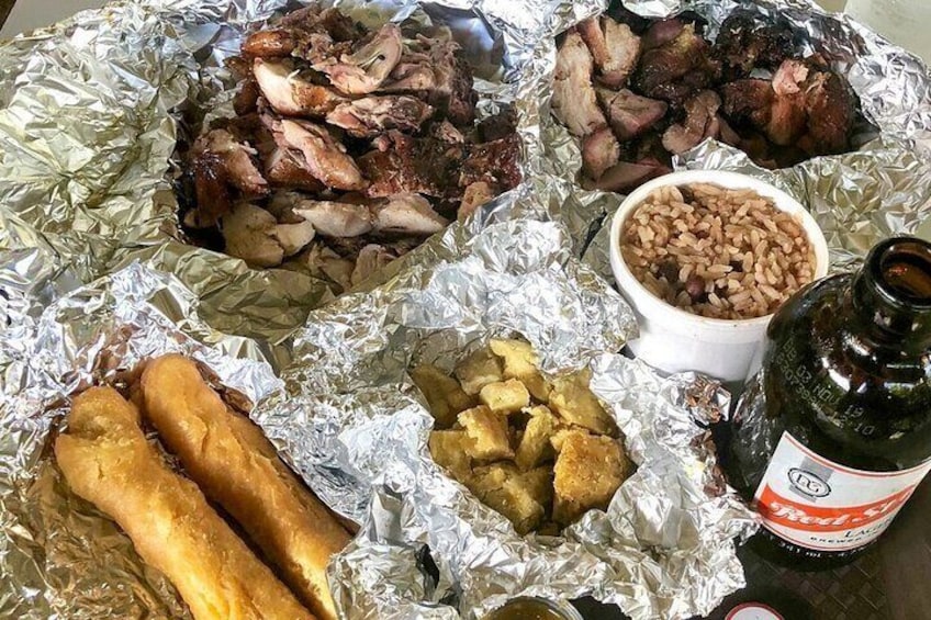 Jerk chicken, Jerk Port, Sweet Potato, Rice & Peas, Festival & Red Stripe
