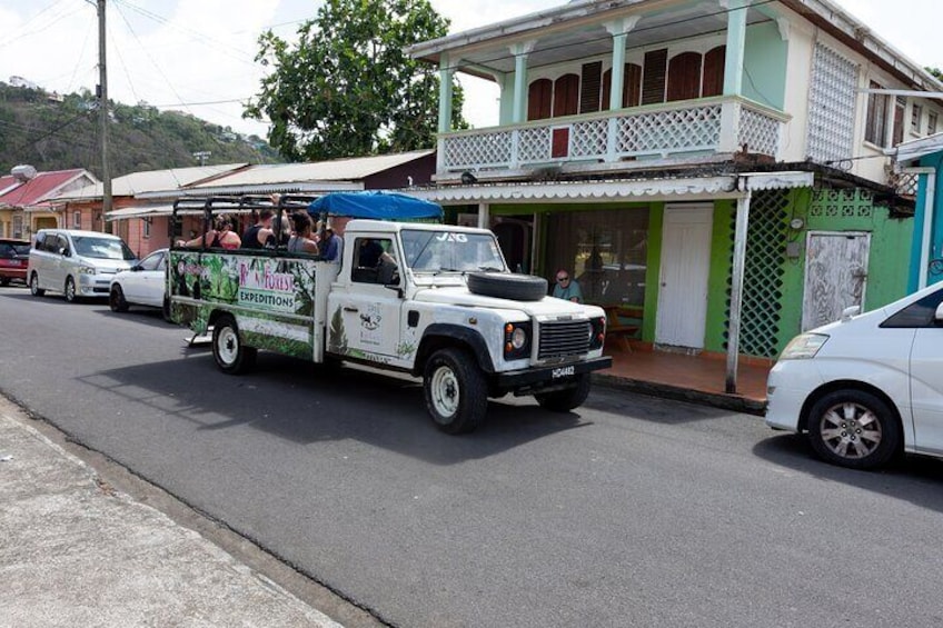 Restroom stop at Renowned Restaurant in the village of Anse La Raye 