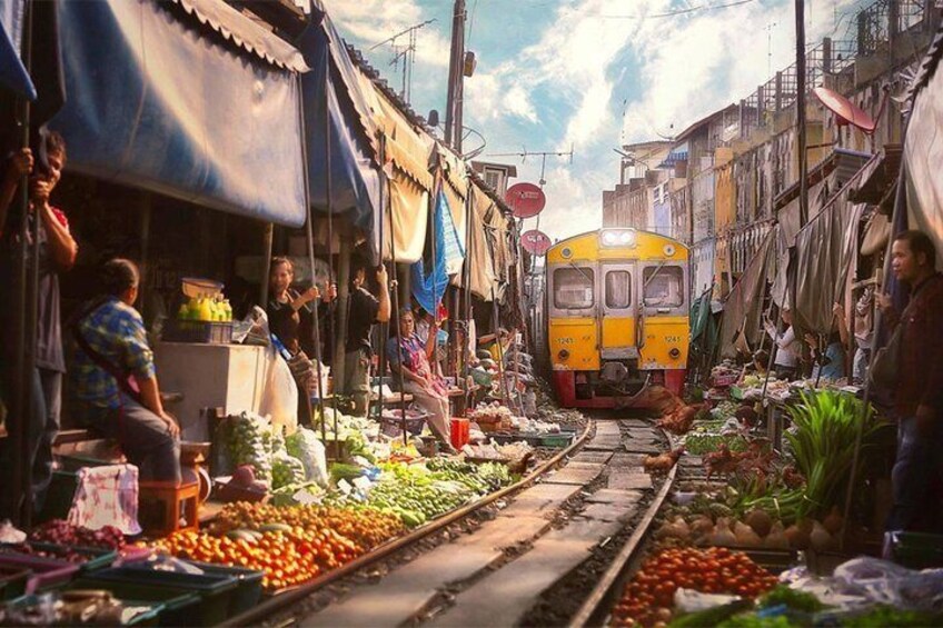 railway market. train watch out!