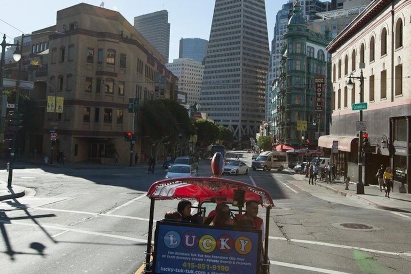 Headed toward the Transamerica Pyramid from North Beach on the Lucky Tuk Tuk Ultimate City Tour 