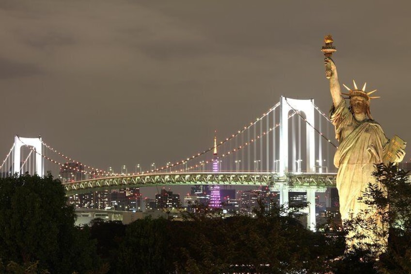 The beautfiul Rainbow Bridge lit up at night.