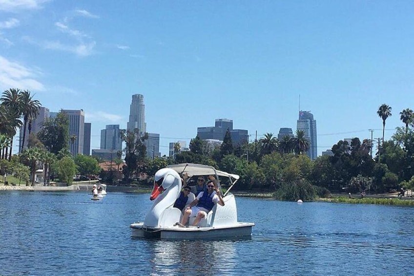 Swan Pedal Boat under the Los Angeles skyline