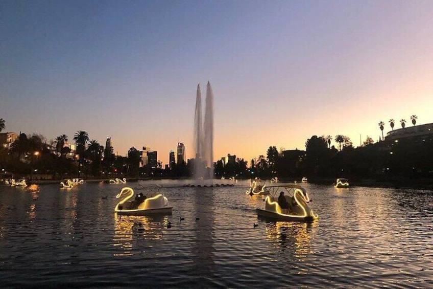 Iconic Echo Park Lake fountain at sunset
