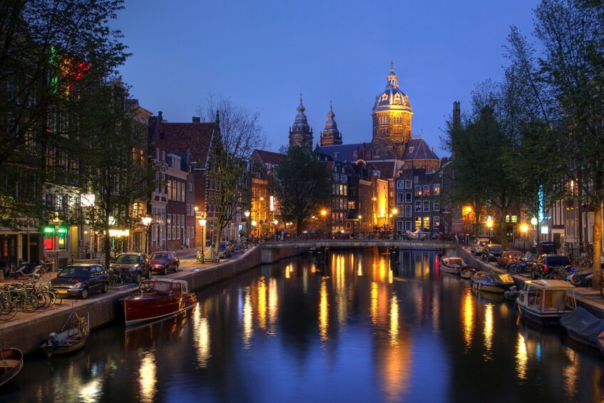 Evening view of the beautiful canal in Amsterdam