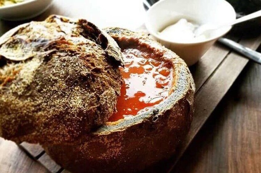 We Highly Recommend the Red-Hot Lava Soup That Is Served in a Bowl of Black Bread - Yum!