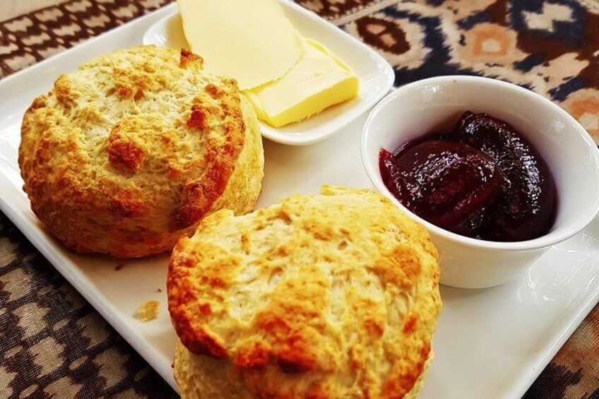 Homemade scones with butter and jam. Yummm!!!