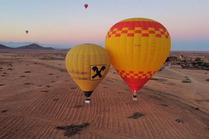 Hot Air Balloon Over Red City Of Marrakech, Atlas Mountains