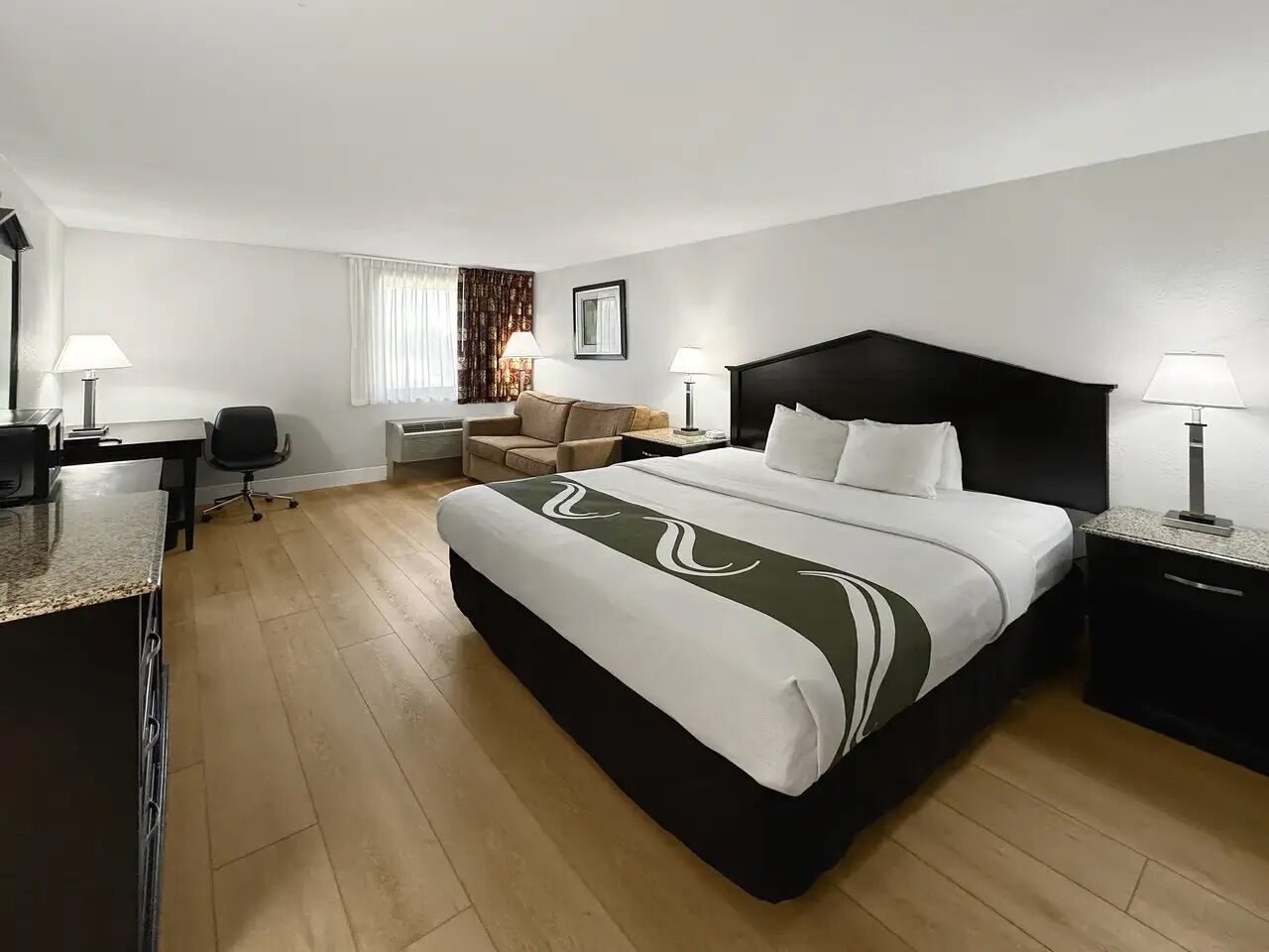 Desk, laptop workspace, blackout curtains, iron/ironing board