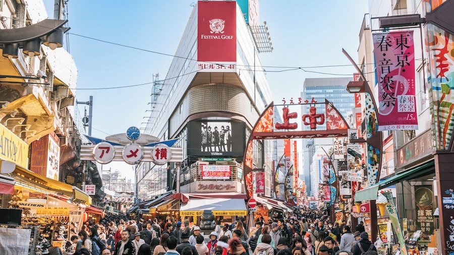 Ameya-Yokocho Market with colorful stalls and bustling crowds in Tokyo.