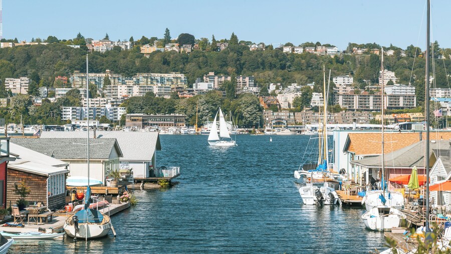 Boats navigating through the Ballard Locks in Seattle, Washington.