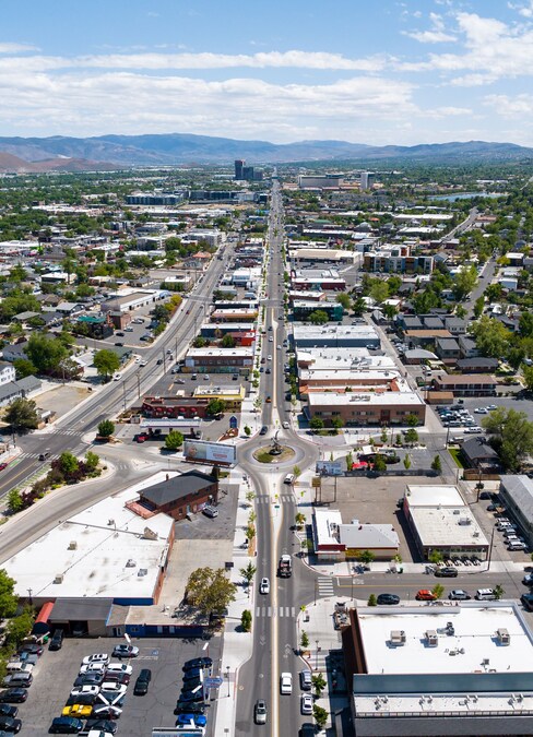 Aerial view of the MidTown District in Reno, Nevada, showcasing its vibrant streets and urban layout.