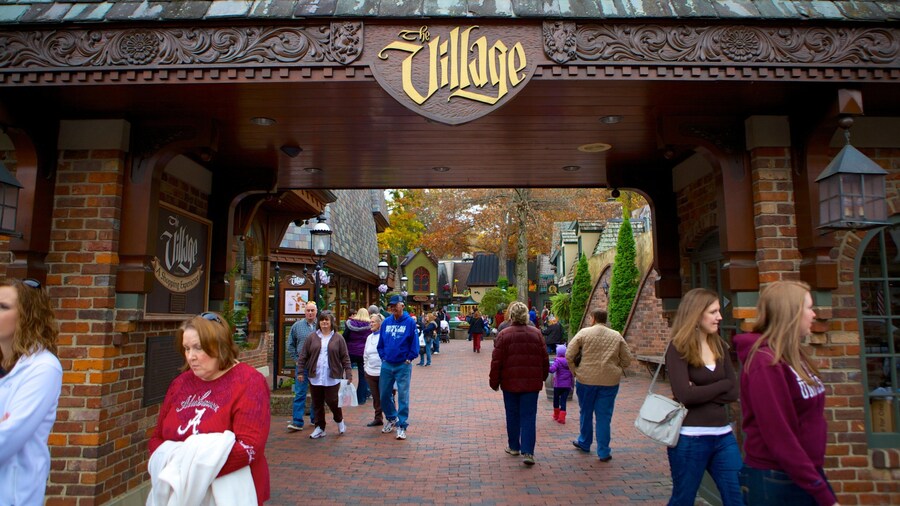 Entrance to the Village Shops in Gatlinburg with cobblestone pathways and European-style architecture.